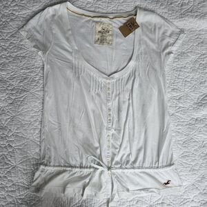 Vintage Y2K Hollister Short Sleeve Button-Down Drawstring Waist Scoop White Top